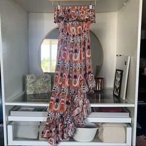Poetry Boho Dress Vacation Rust Warm Toned Patterned High Low Ruffle Size Small